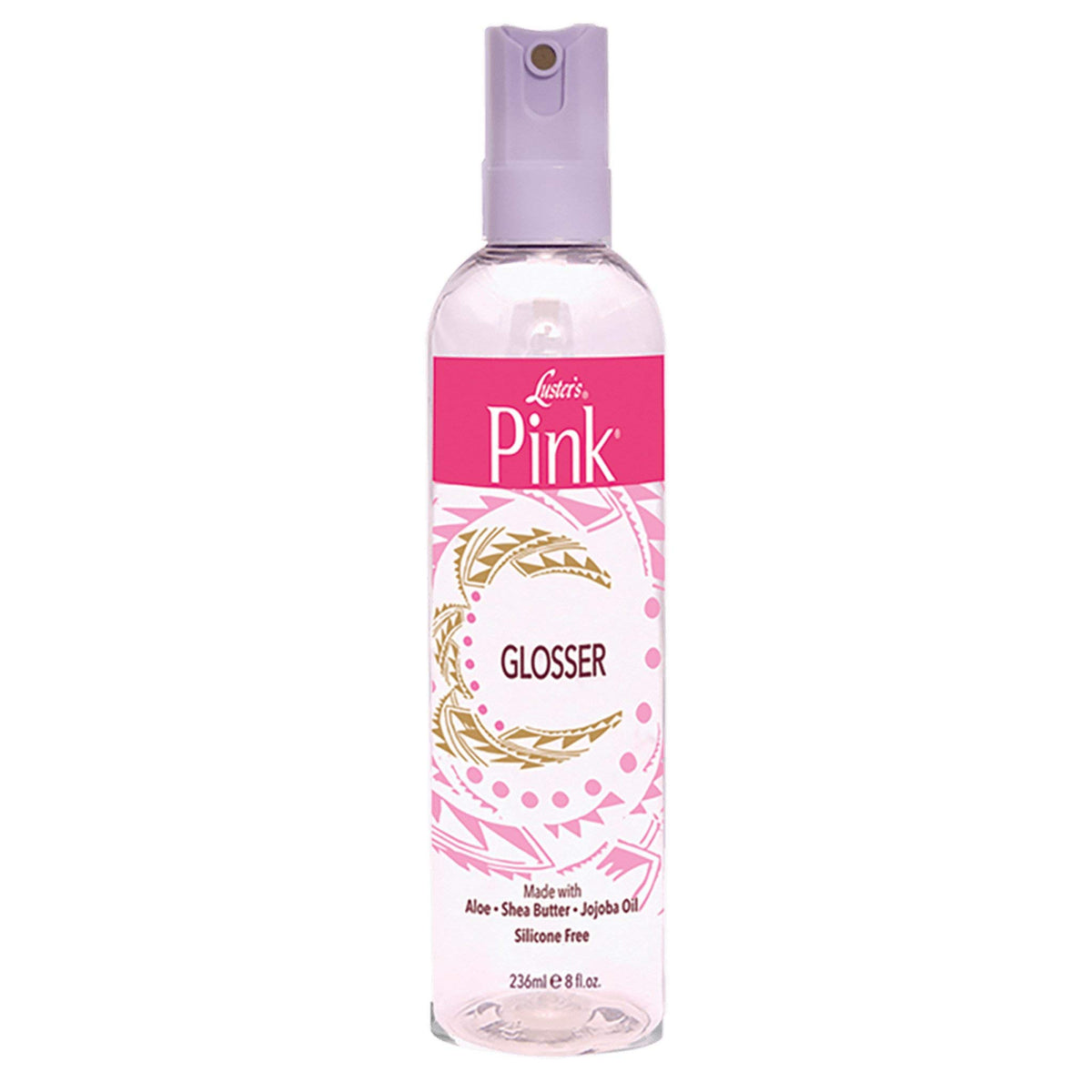 Luster's Pink Glosser bottle close-up showing moisture and shine.