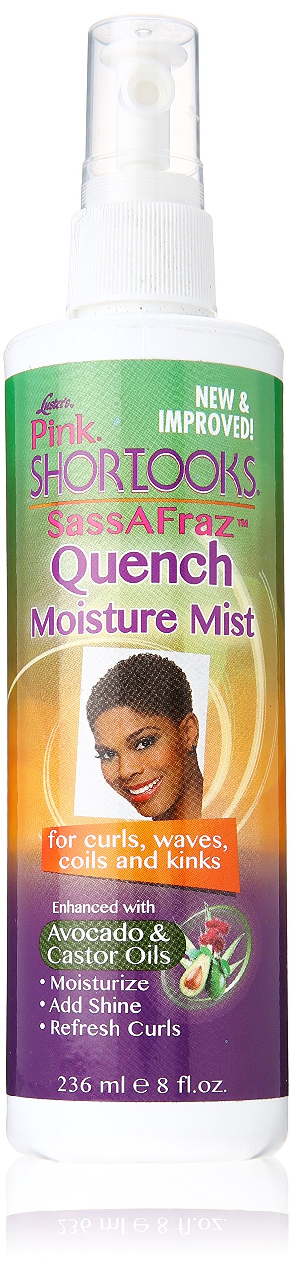 Luster's ShortLooks Sassafraz Quench Mist, botella, hidratación ligera para rizos y mechones definidos