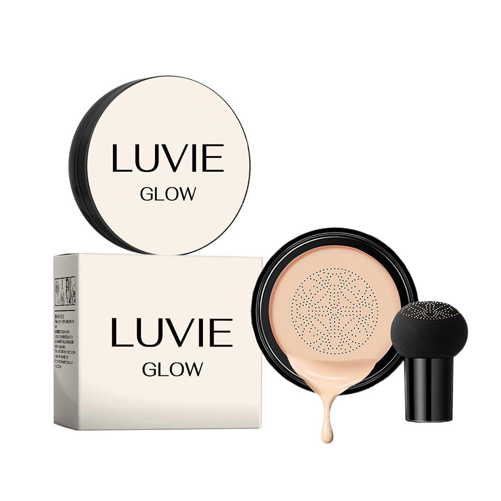 Base Luvie Glow Foundation Cushion con aplicador hongo para una aplicación precisa y uniforme.