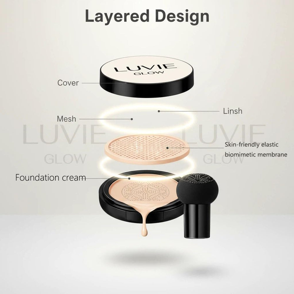 Luvie Glow Foundation Cushion en envase compacto para retoques rápidos.