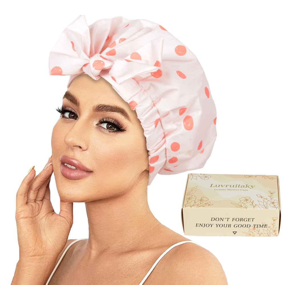 Gorro de ducha Luvruitaky con ajuste de lazo para cabello seco tras la ducha.