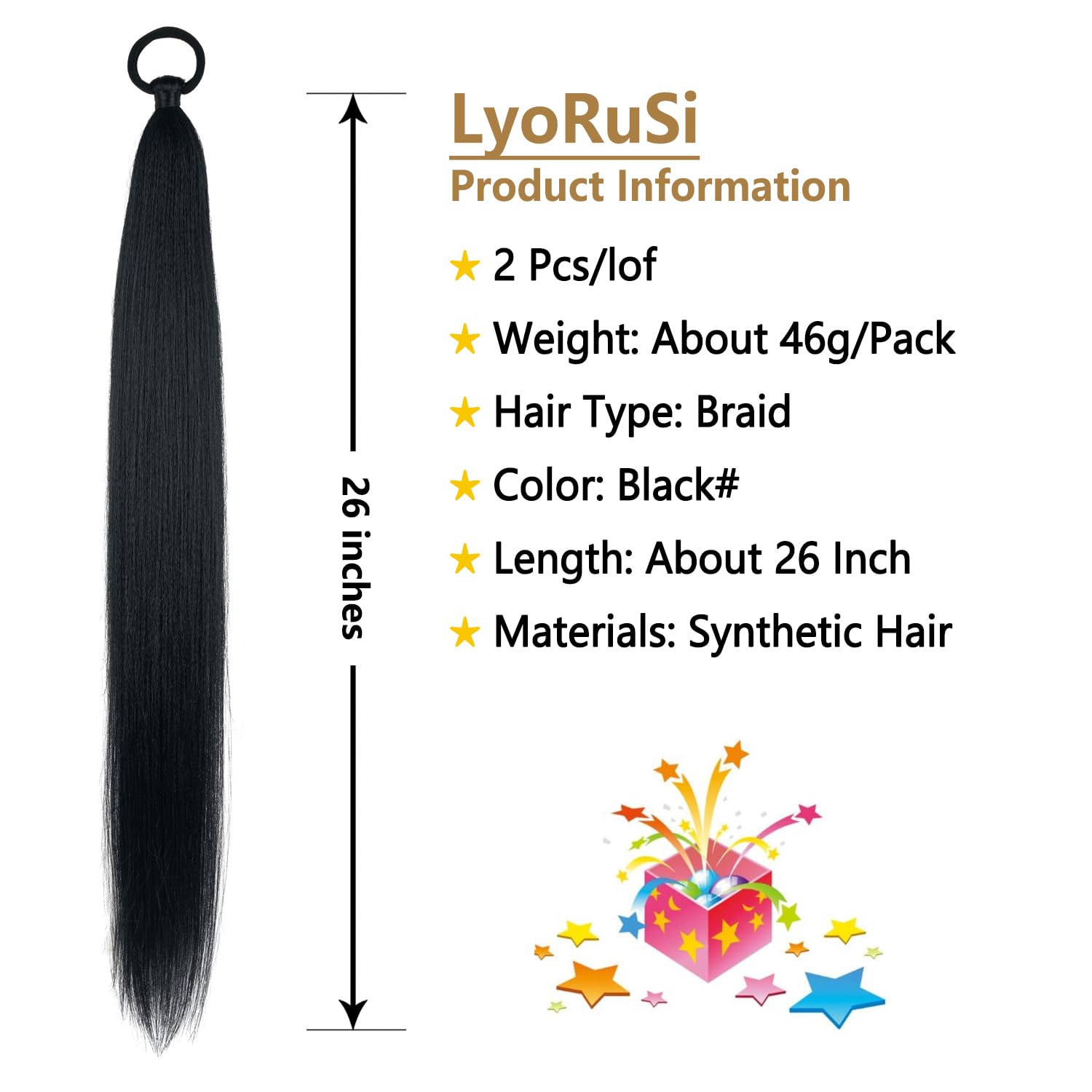 LyoRuSi extensión cola de caballo negra, diseño doble para mayor volumen.