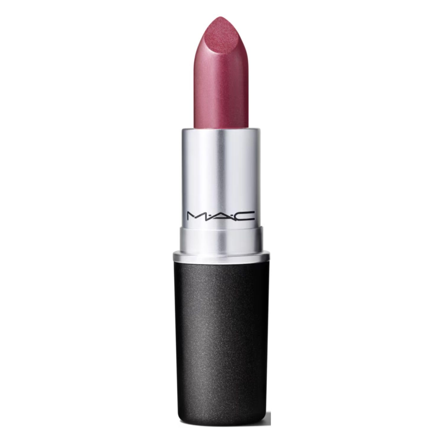 MAC Frost Lipstick Plum Dandy, empaque elegante y acabado perlado para un look radiante.