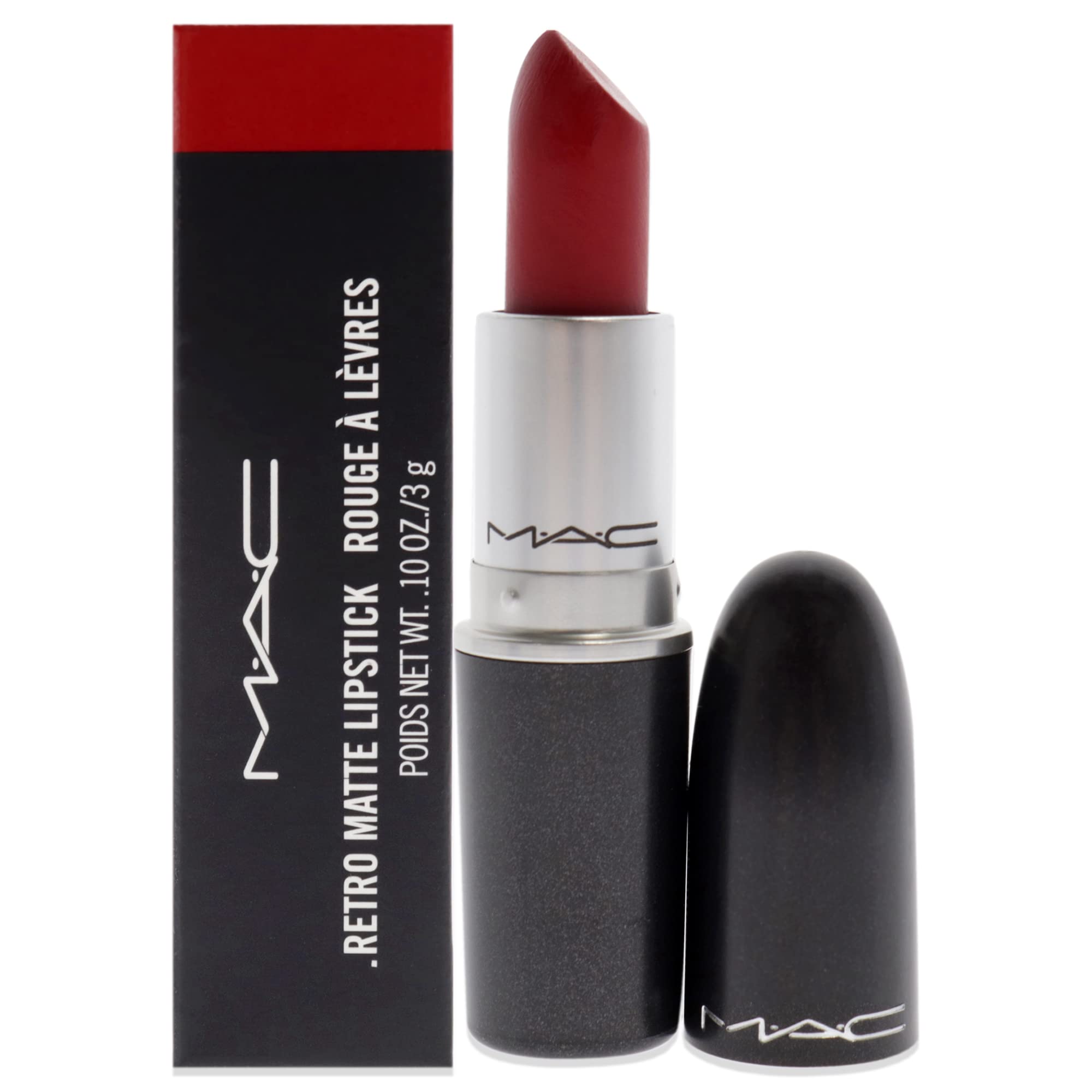 MAC Retro Matte Lipstick Rub Ruby Woo, empaque elegante para look nocturno.