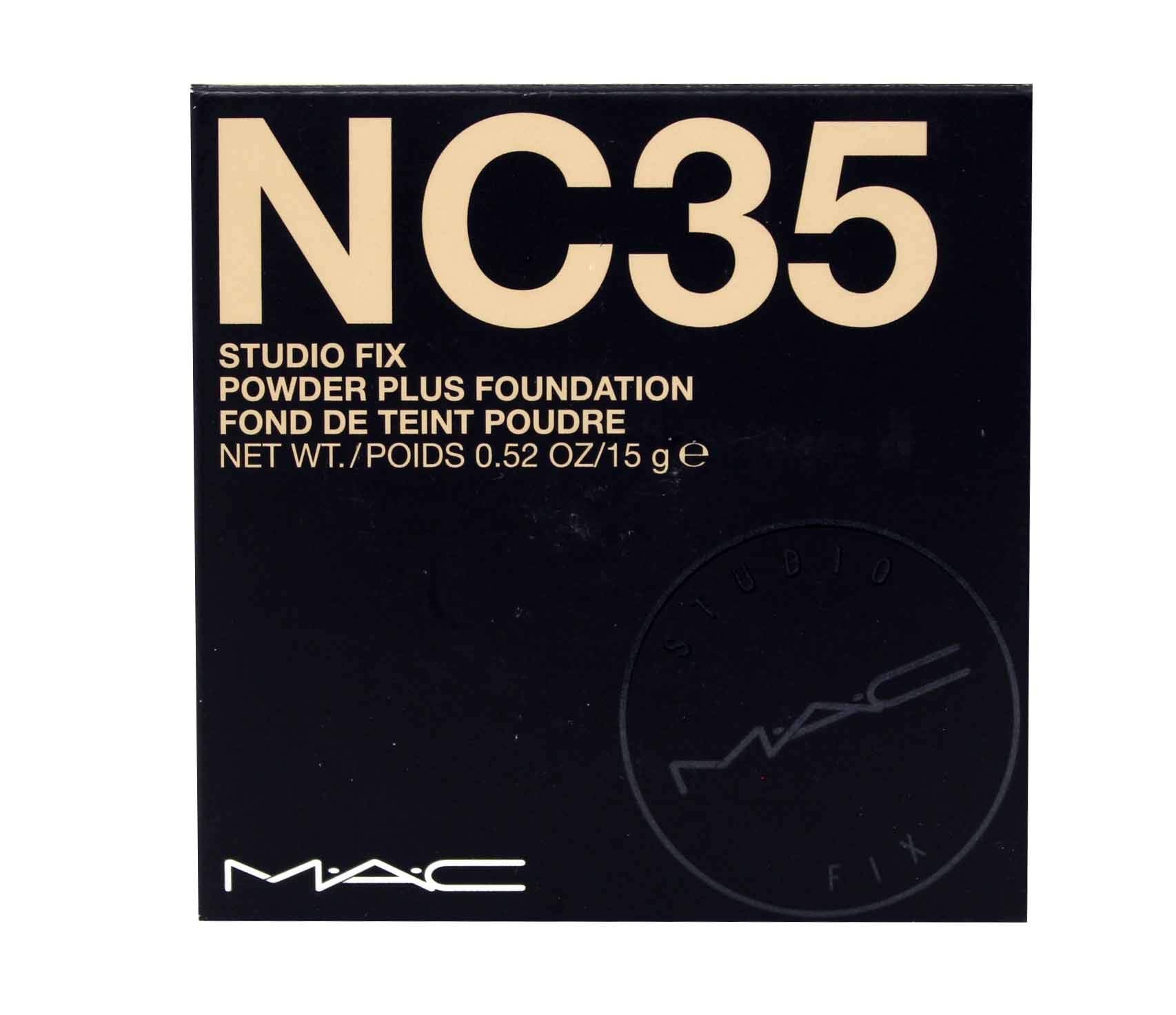 MAC Studio Fix Polvo Base NC35 en botella, cobertura duradera y tono natural.