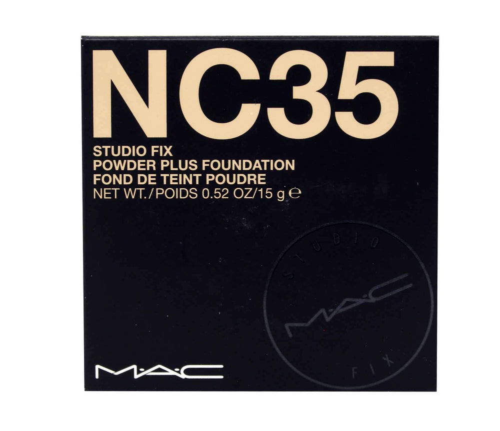 MAC Studio Fix Polvo Base NC35 en botella, cobertura duradera y tono natural.