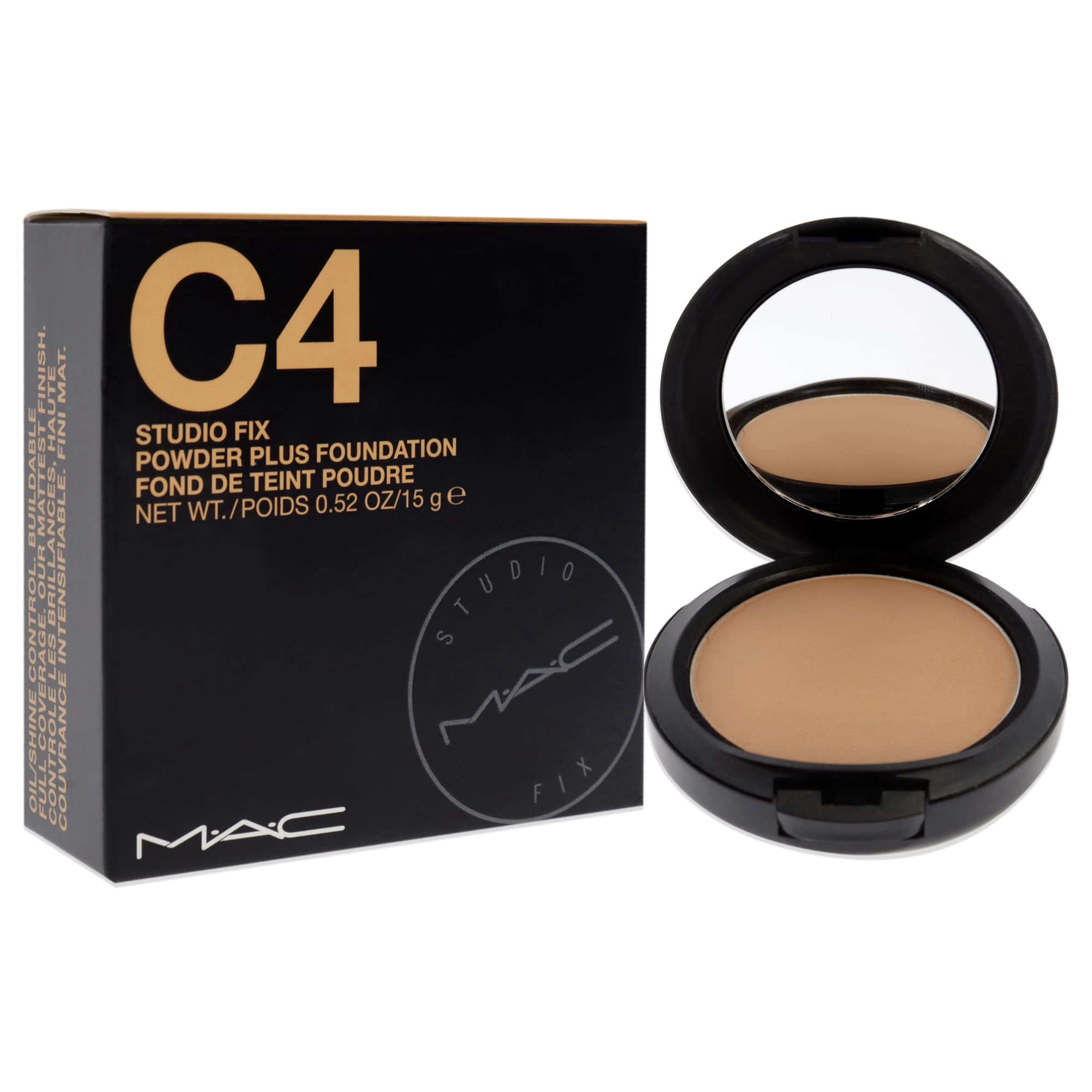 MAC Studio Fix Powder Plus Foundation C4, textura aterciopelada que minimiza poros visibles.