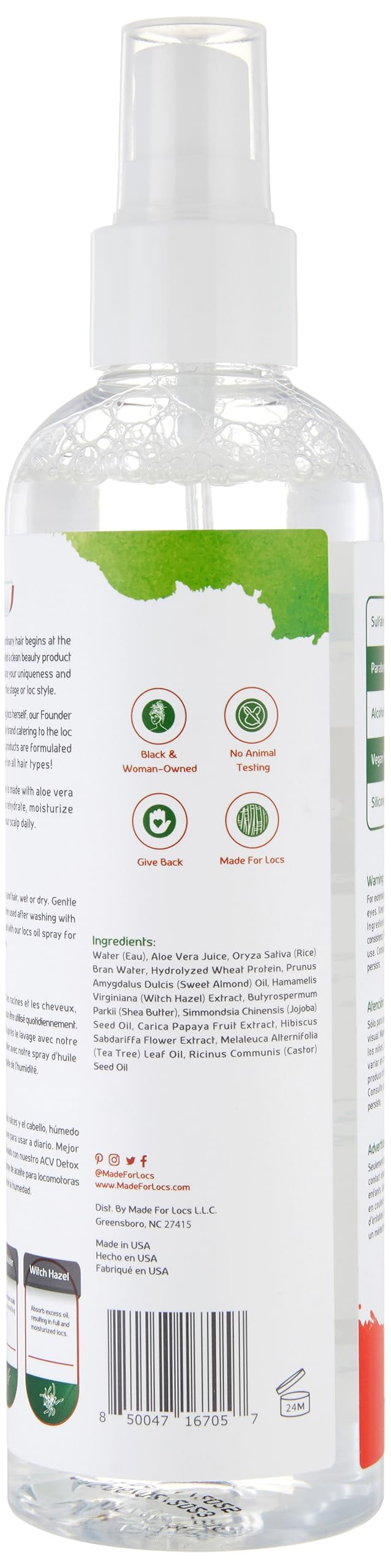 Close-up of Aloe Vera, Witch Hazel, and Rice Water ingredients in Made For Locs spray
