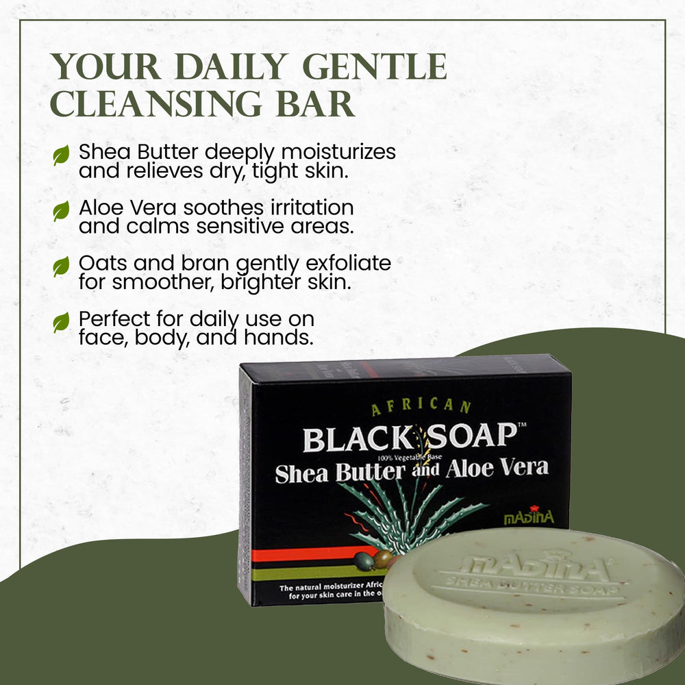 Madina jabón negro africano exfoliante suave con avena y salvado para renovación.