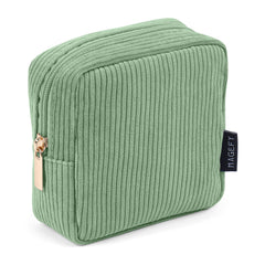 MAGEFY bolsa de maquillaje en pana verde, compacto para llevar en el bolso.
