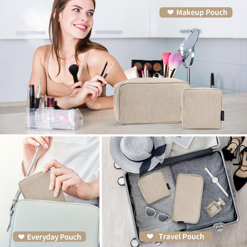 Estuche resistente en pana acolchada beige, duradero para uso frecuente.