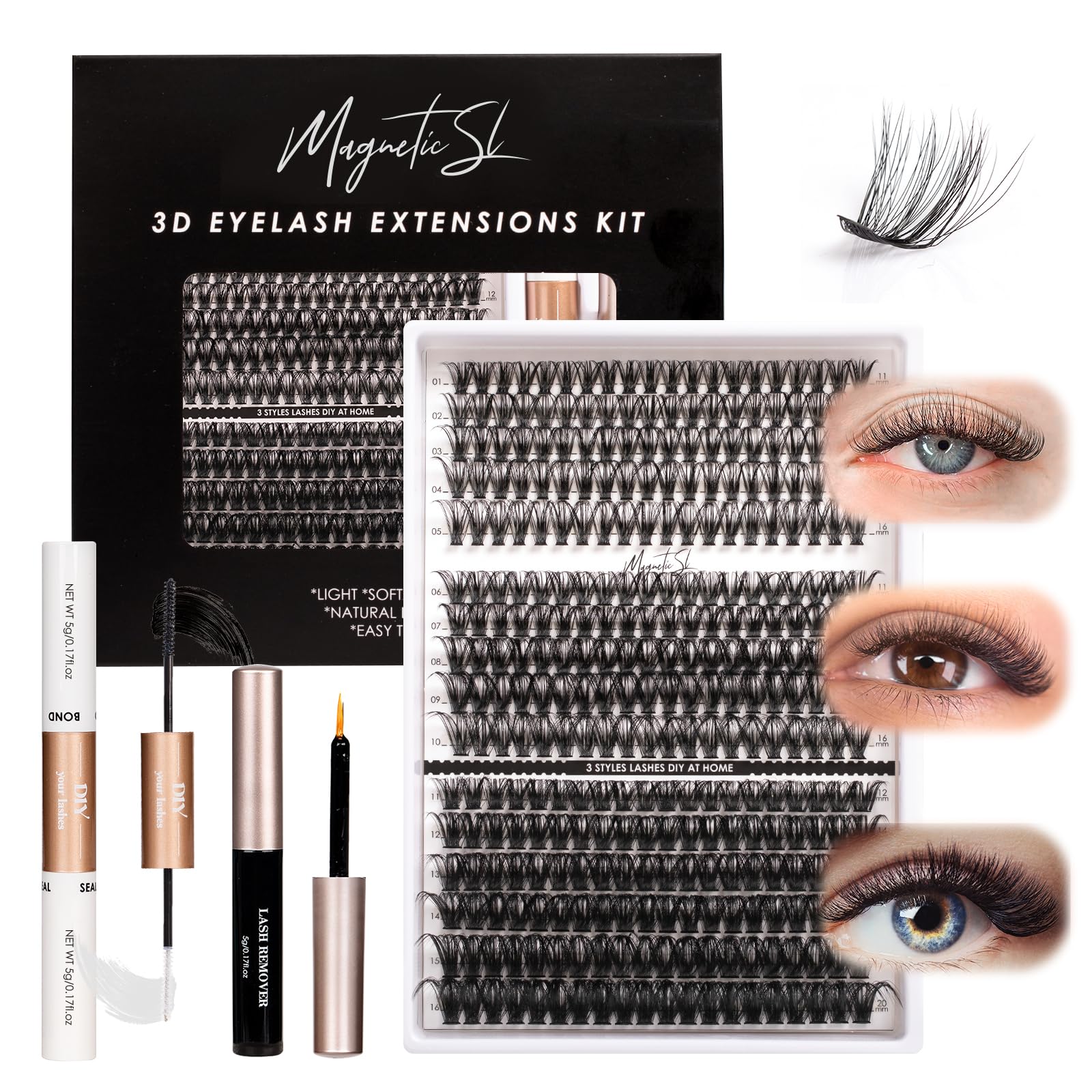 Magnetic SL DIY lash kit with 320 cluster lashes for customizable eye enhancements