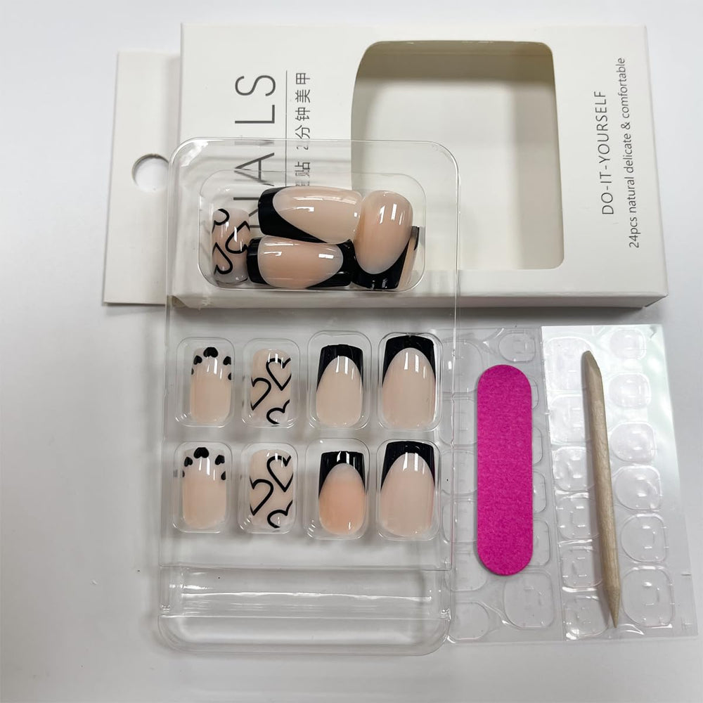 Maigitur kit de uñas francesas negras, 24 piezas en 12 tallas para ajuste perfecto