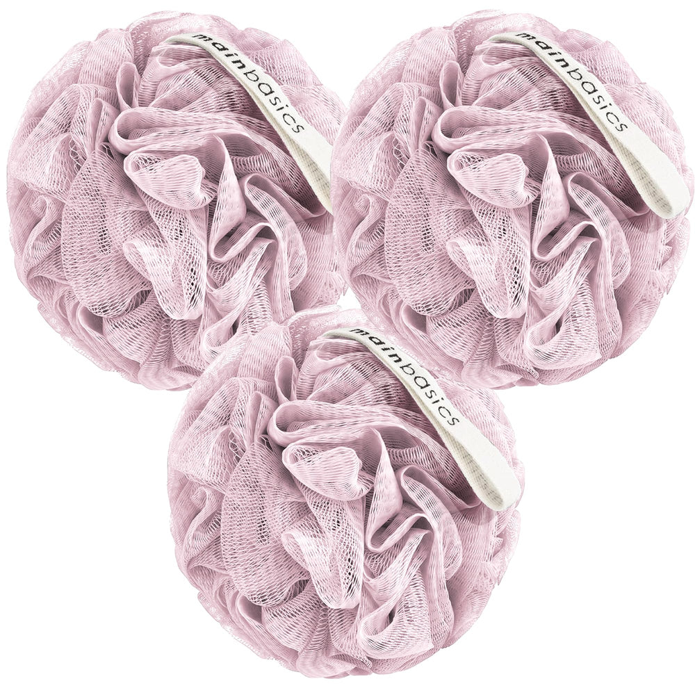 MainBasics lufa-ducha-set-3-rosa-textura-finamente-malla ofrece limpieza suave gracias a la malla fina.