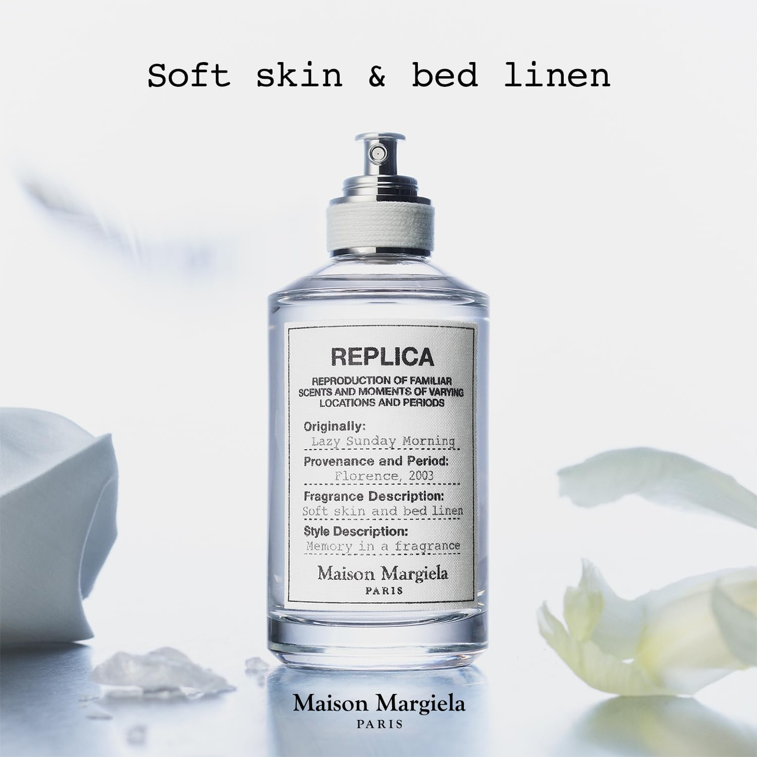 Detalle del frasco minimalista de Maison Margiela Replica Lazy Sunday Morning.
