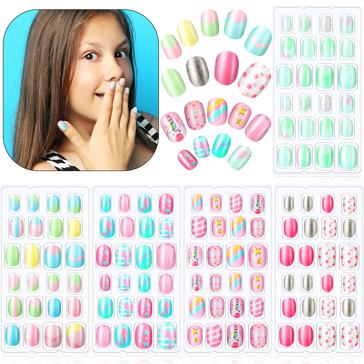 Maitys uñas postizas niñas arcoíris, ideal para arte de uñas en casa y juego creativo.