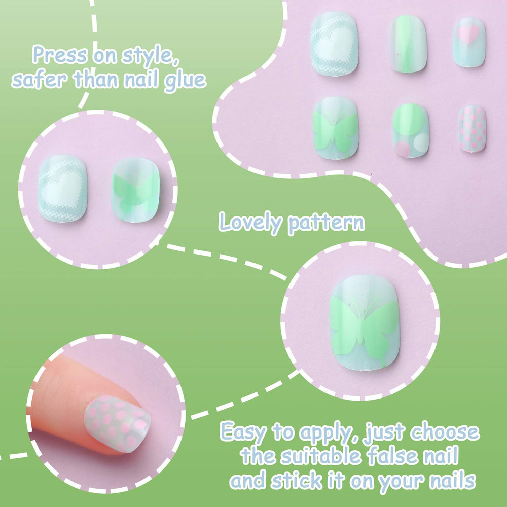 Maitys uñas postizas niñas gato gradiente, diseño divertido para manualidades seguras.
