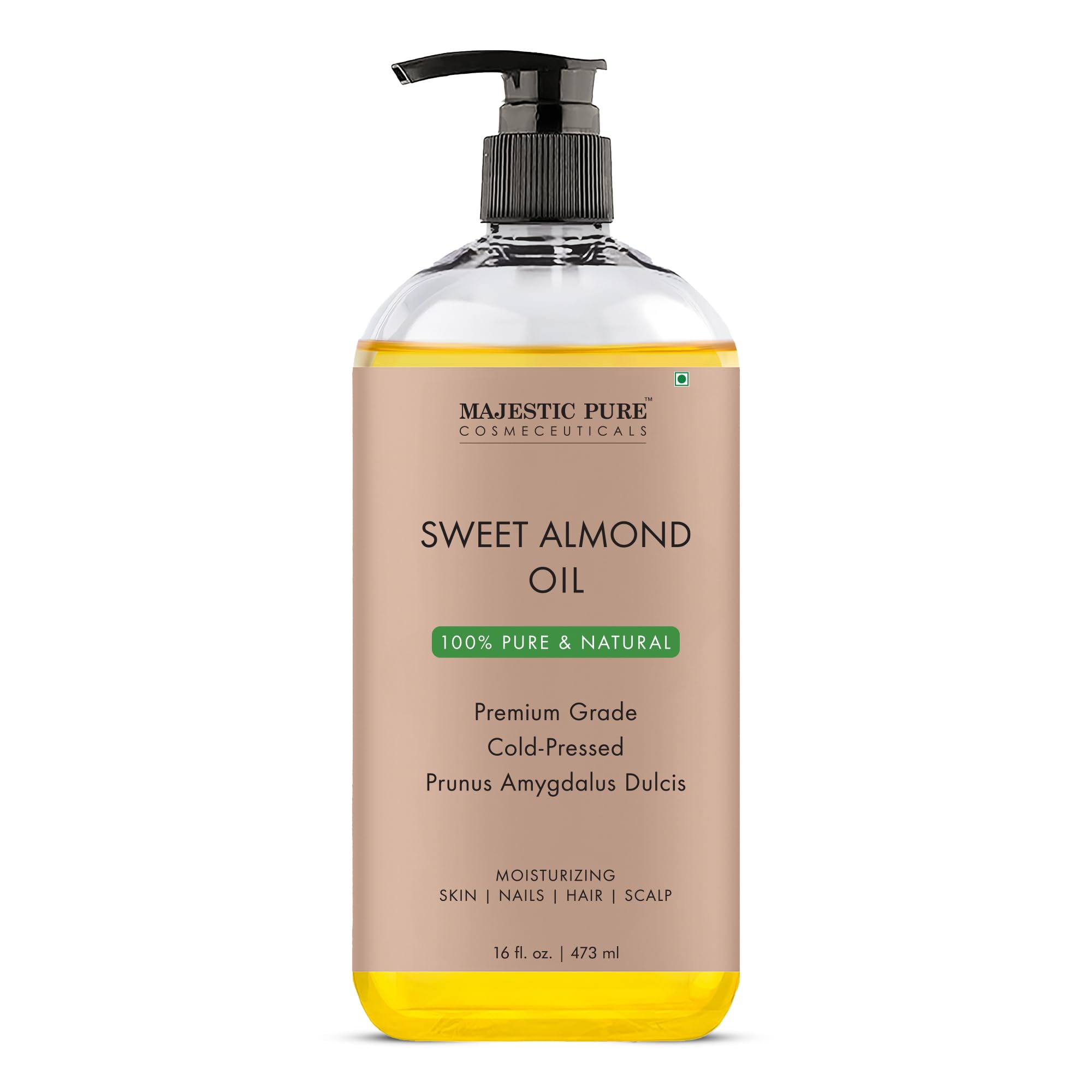 Majestic Pure Aceite de Almendra Dulce en botella, uso cosmético suave para piel.