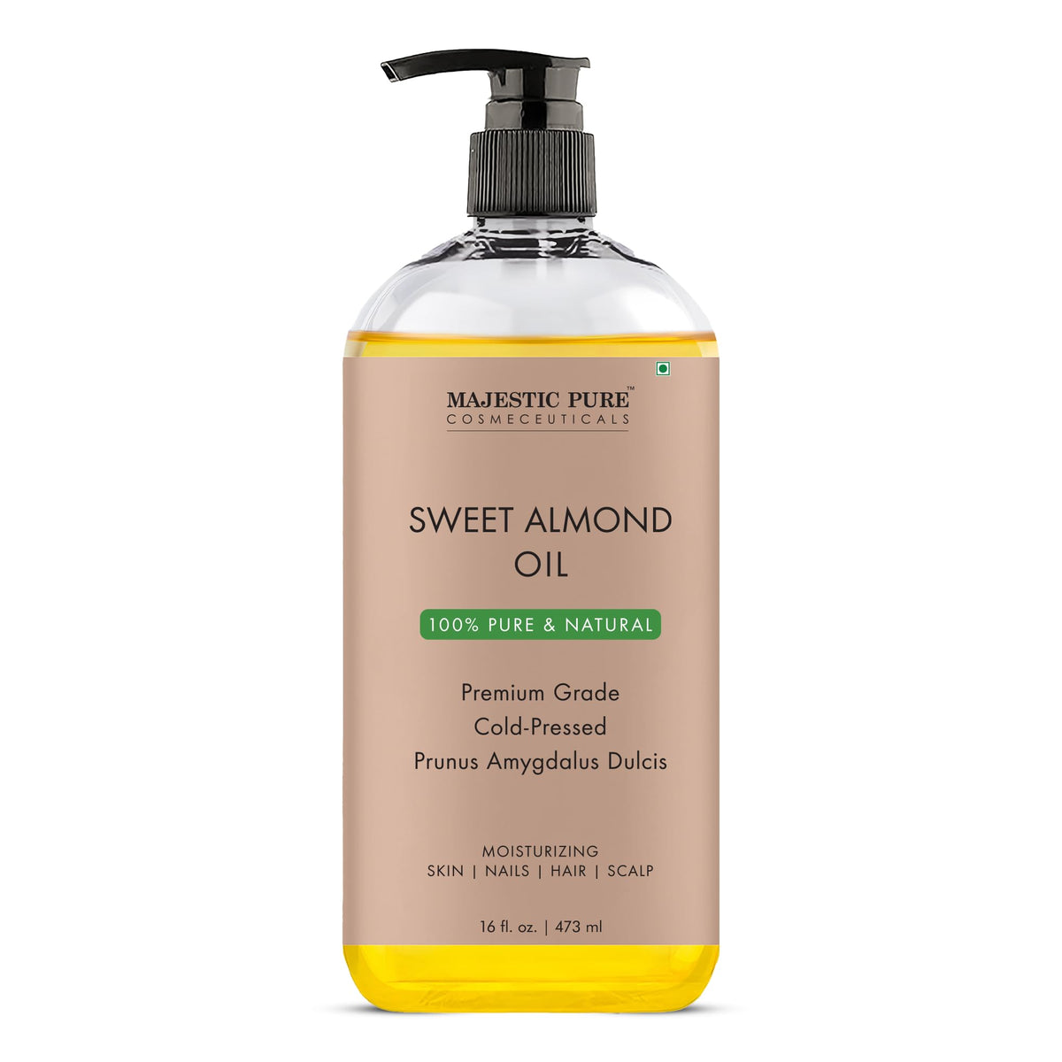 Majestic Pure Aceite de Almendra Dulce en botella, uso cosmético suave para piel.