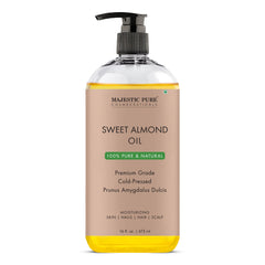 Majestic Pure Aceite de Almendra Dulce en botella, uso cosmético suave para piel.
