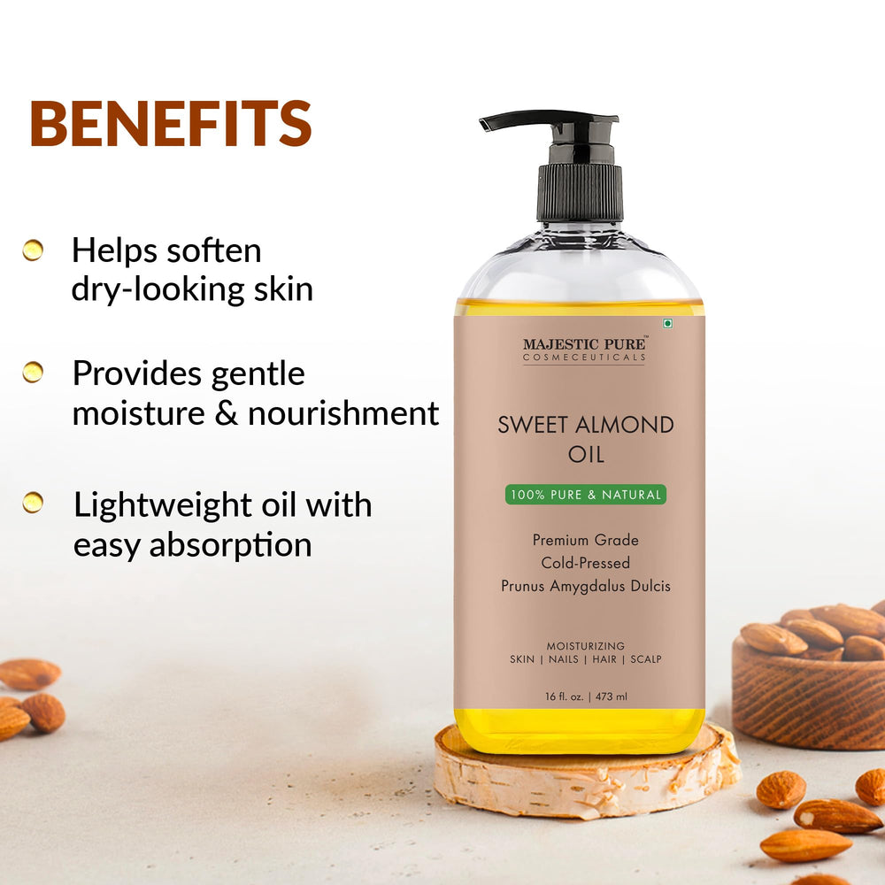 Majestic Pure Aceite de Almendra Dulce, textura ligera para absorción rápida en piel.