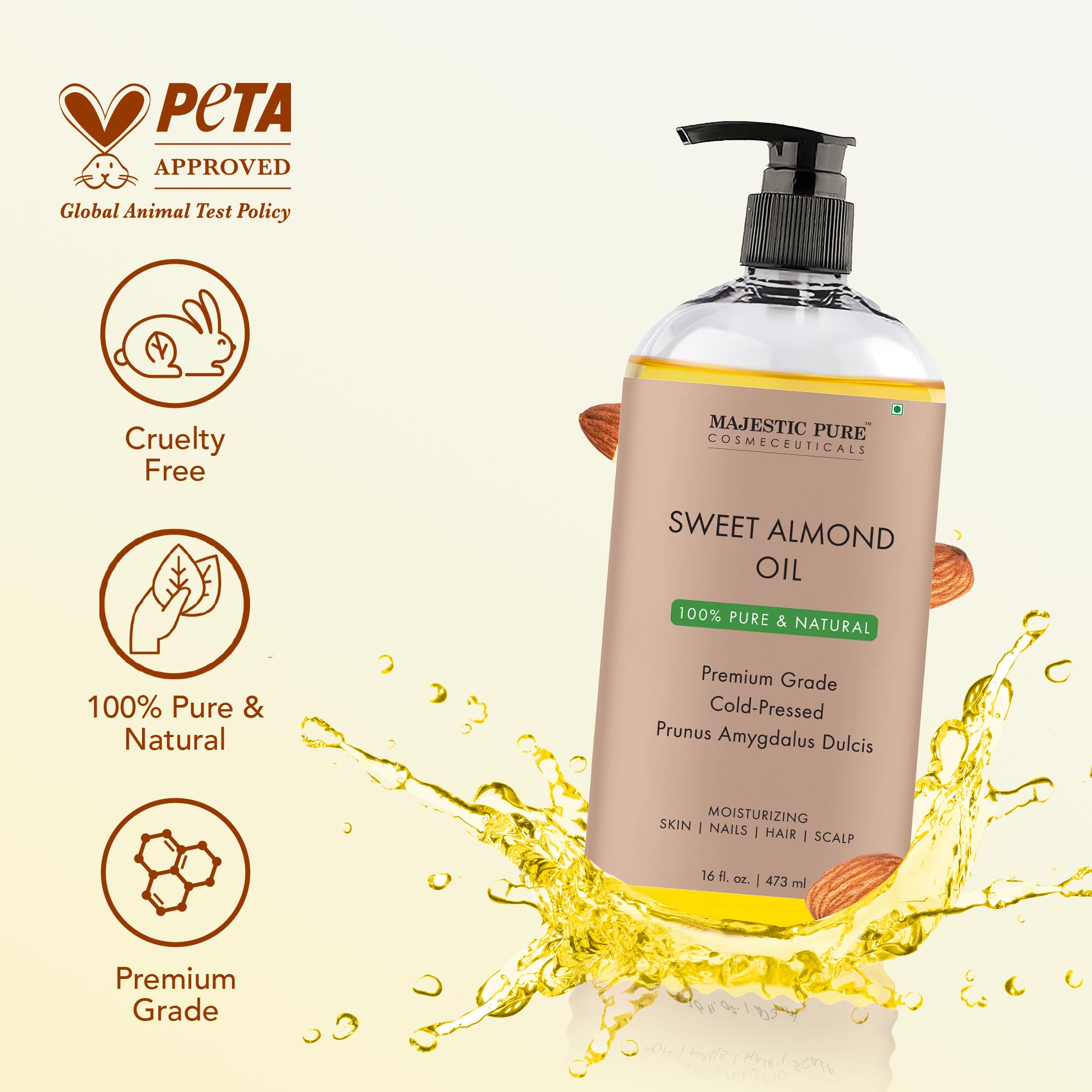 Majestic Pure Aceite de Almendra Dulce vertido, fácil de aplicar para masaje facial.