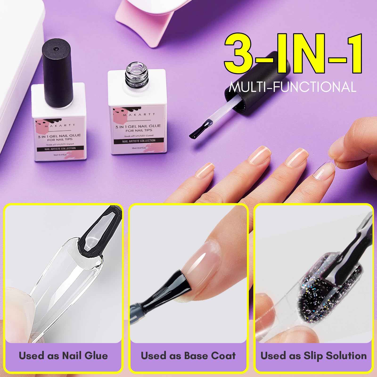 Nail extensions with Makartt glue demonstrating durable bond on tips.
