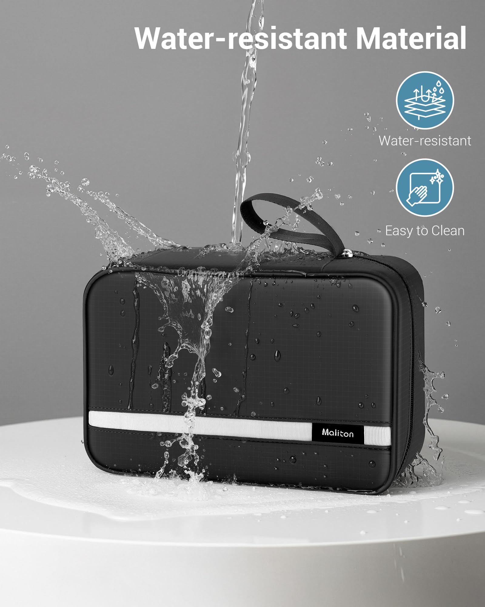 Maliton neceser con divisiones ventiladas y bolsillos transparentes.