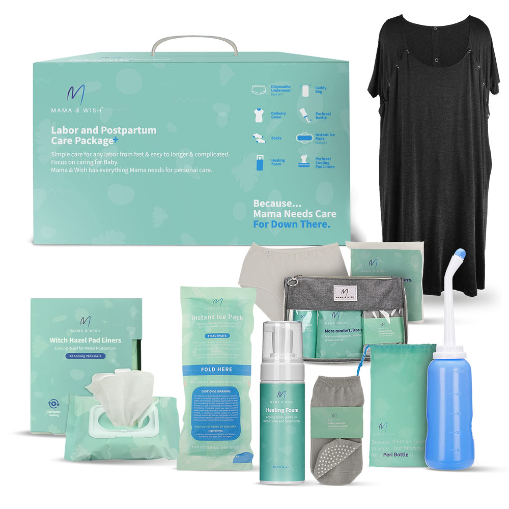 Kit postpartum Mama & Wish complet prêt à l’emploi après l’accouchement.
