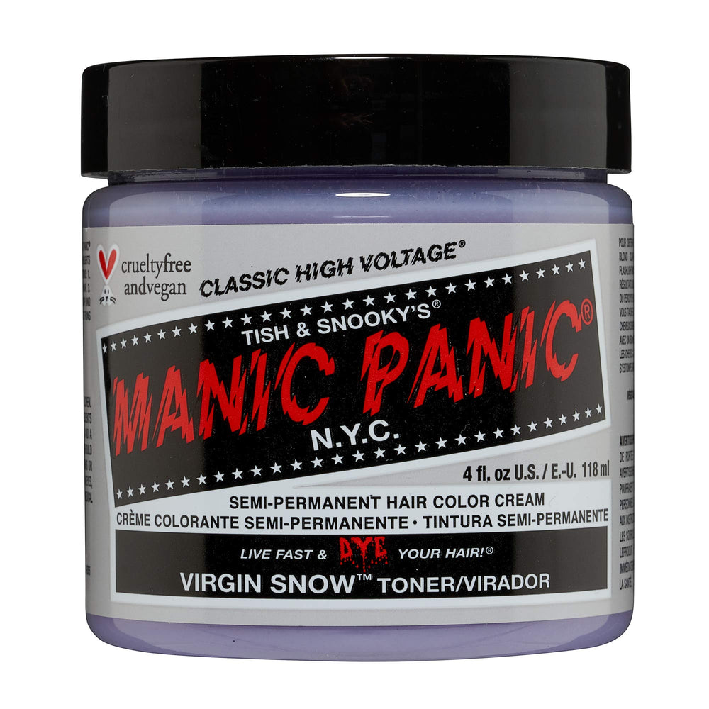 MANIC PANIC Virgin Snow Toner bottle neutralizes brass on blonde hair