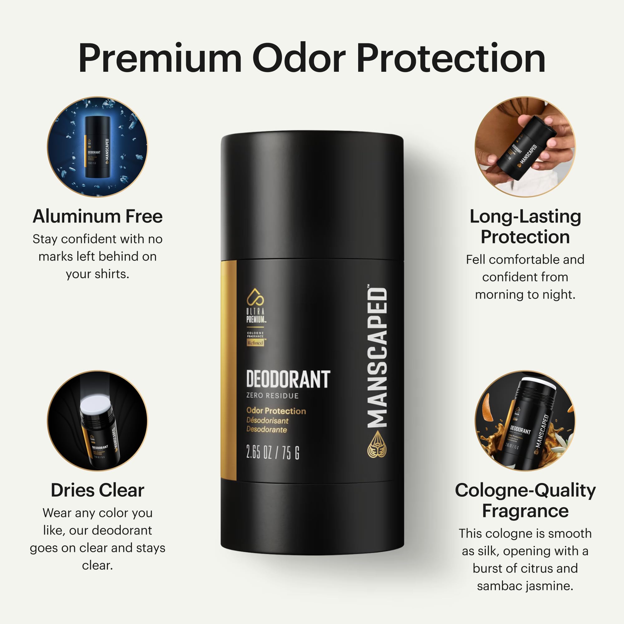MANSCAPED UltraPremium Desodorante mostrado al aplicar de forma rápida para frescura diaria.