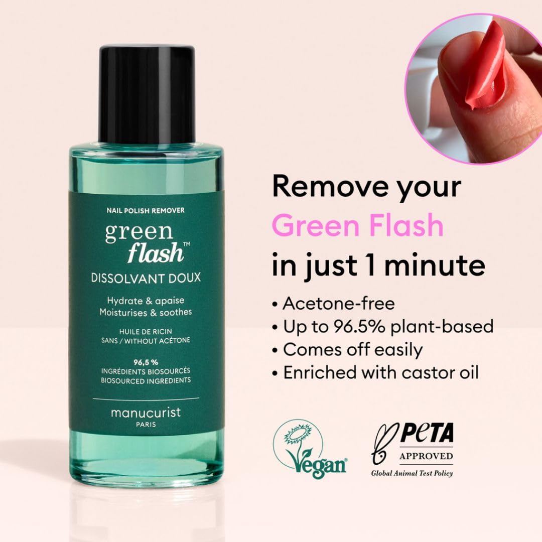 Manucurist Green Flash remover, aplicación con algodón para retirar gel suavemente.