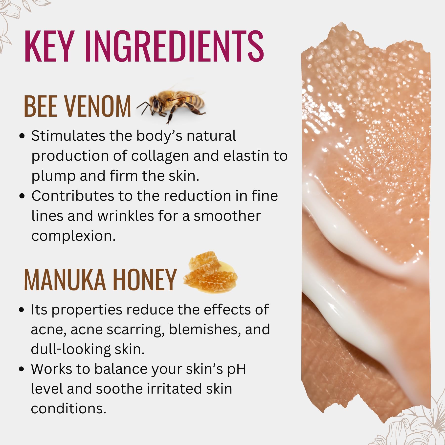 Aplicación de crema veneno de abeja en rostro con aceite de jojoba