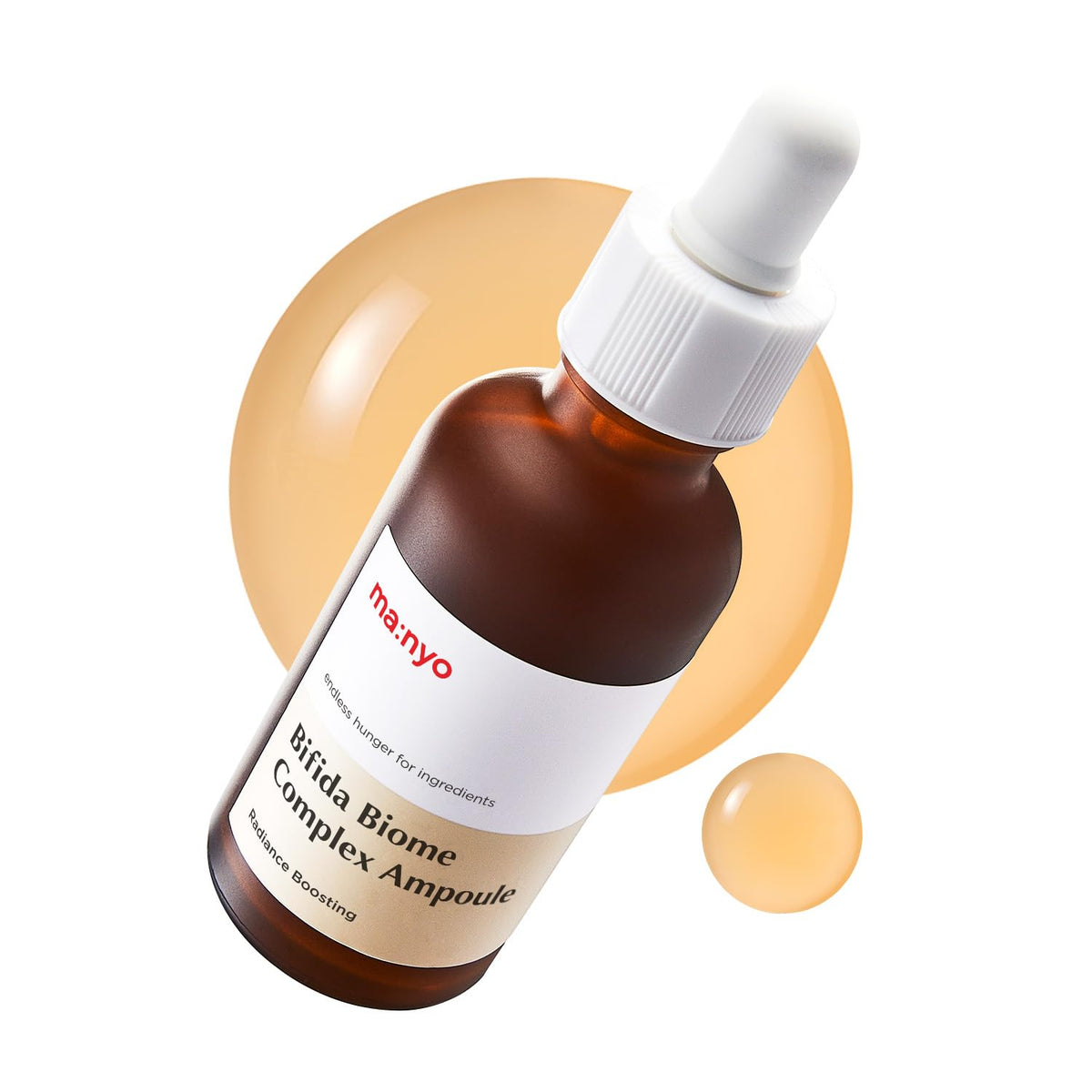 ma:nyo Bifida Biome Ampolla Serum, botella elegante para hidratación suave.