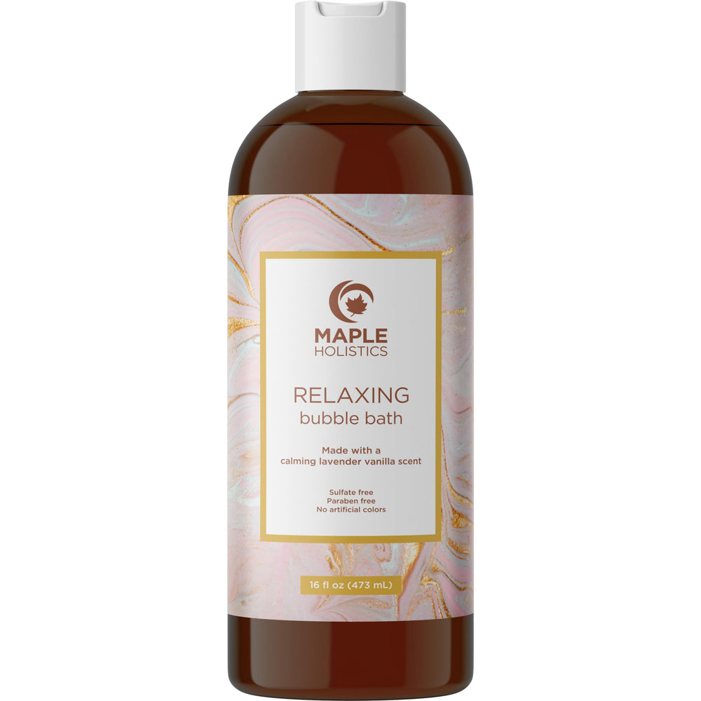 Maple Holistics bano-burbujas lavanda para relajación aromática en casa.