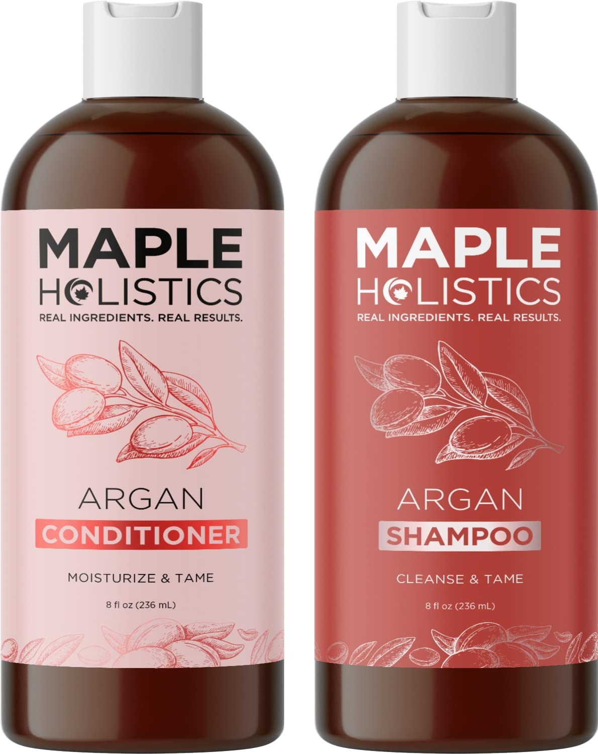 Maple Holistics Champú Argán Marruecos, botella visible, cabello dañado suave.