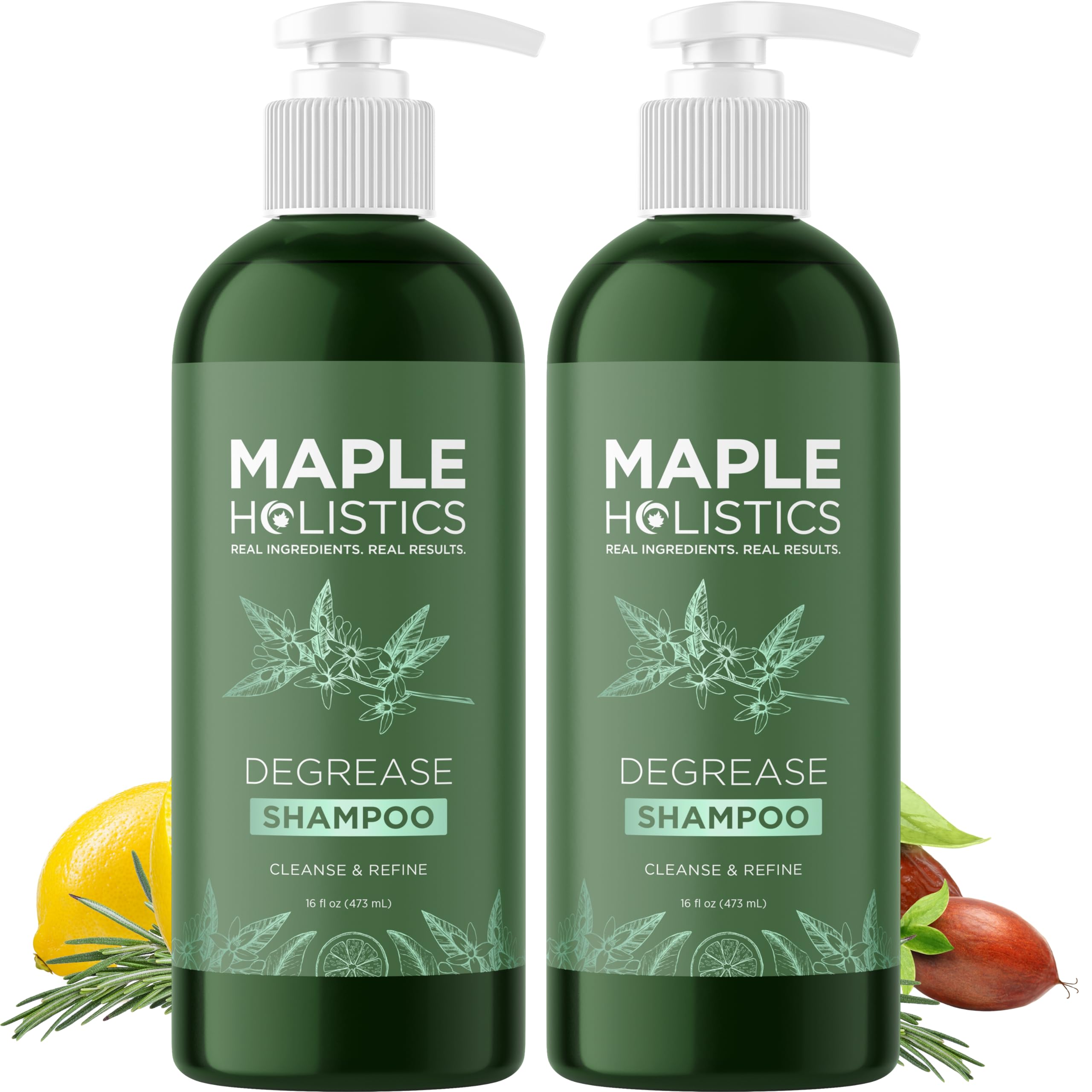 Maple Holistics Degrease champú purificador en botella, limpieza profunda para cabello graso.
