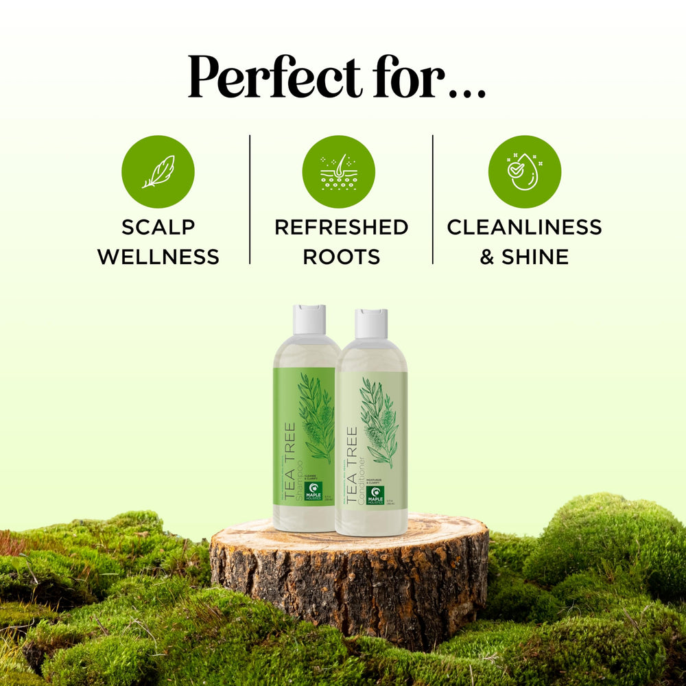 Maple Holistics Tea Tree Conditioner bottle highlights vegan formula for balanced hair.