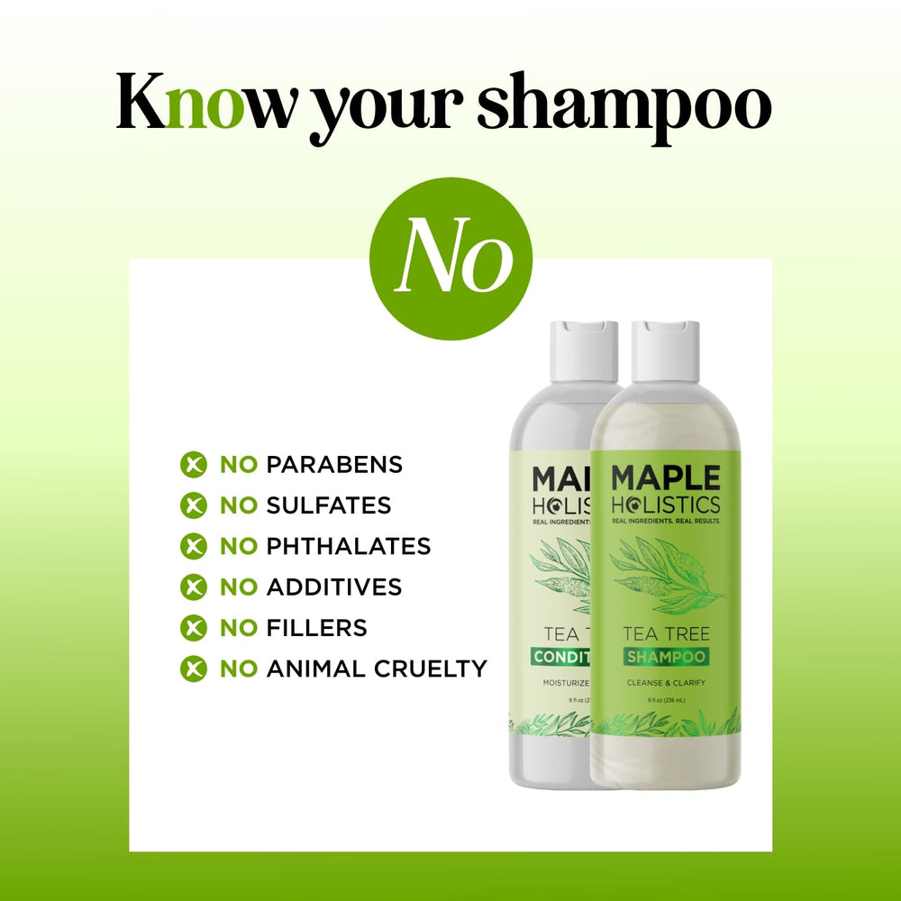 Maple Holistics Tea Tree packaging and ingredients board conveys clean vegan formulation