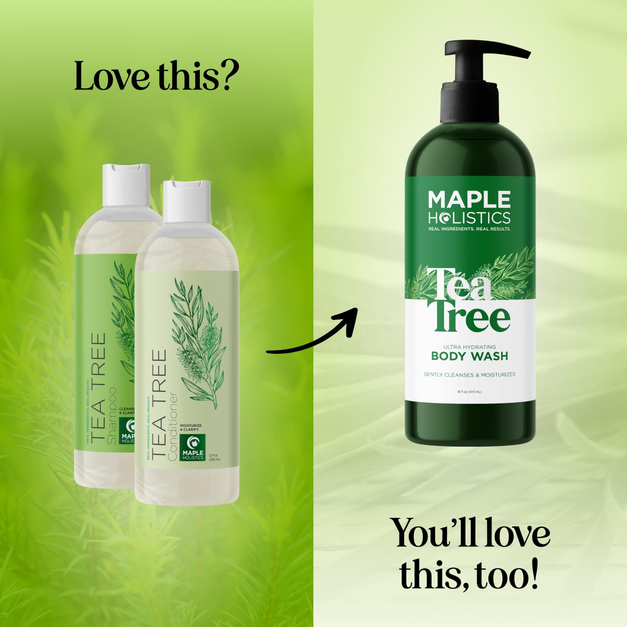 Maple Holistics Tea Tree Shampoo set display presents a complete hair care routine.