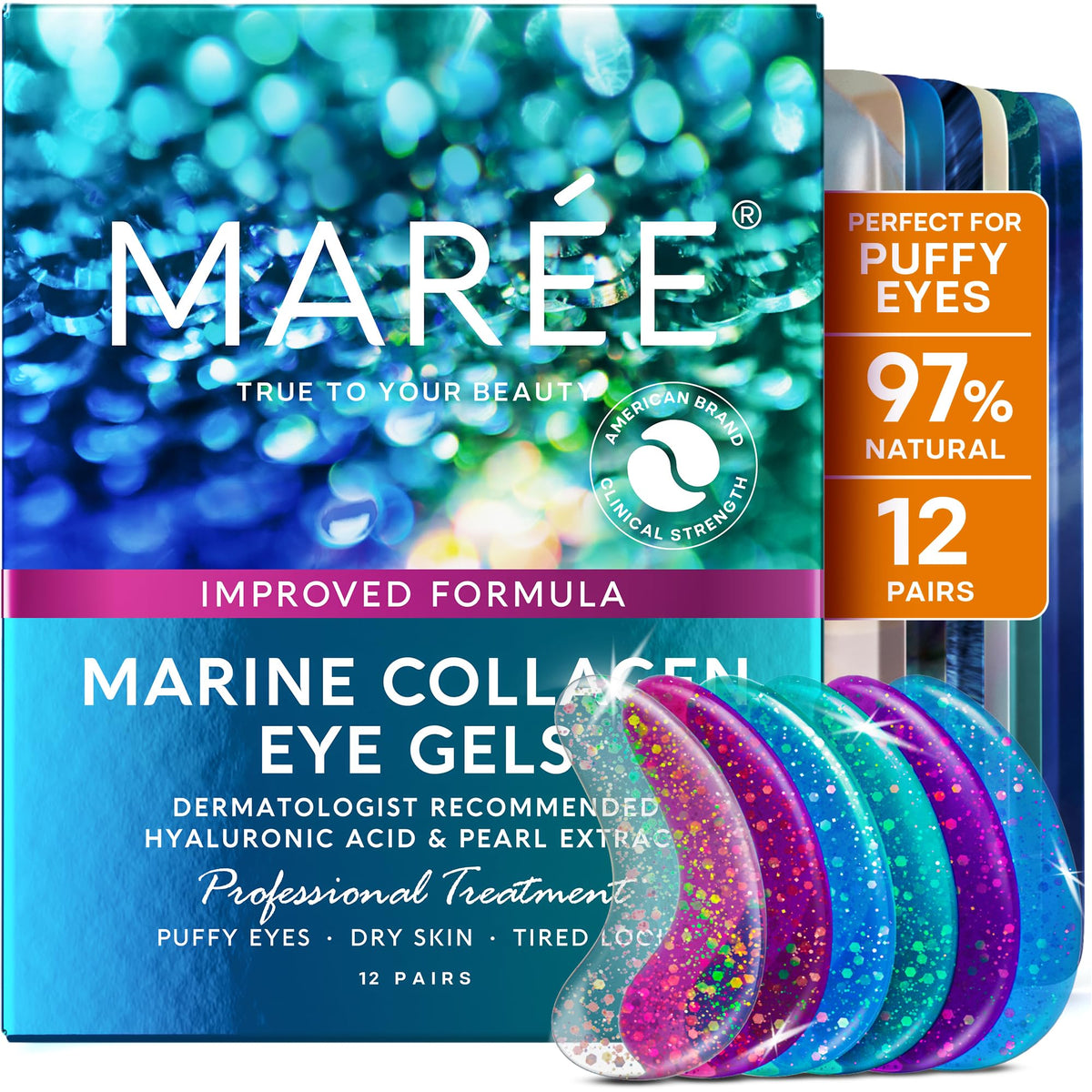 MAREE geles para ojos en caja, formato práctico para uso diario.