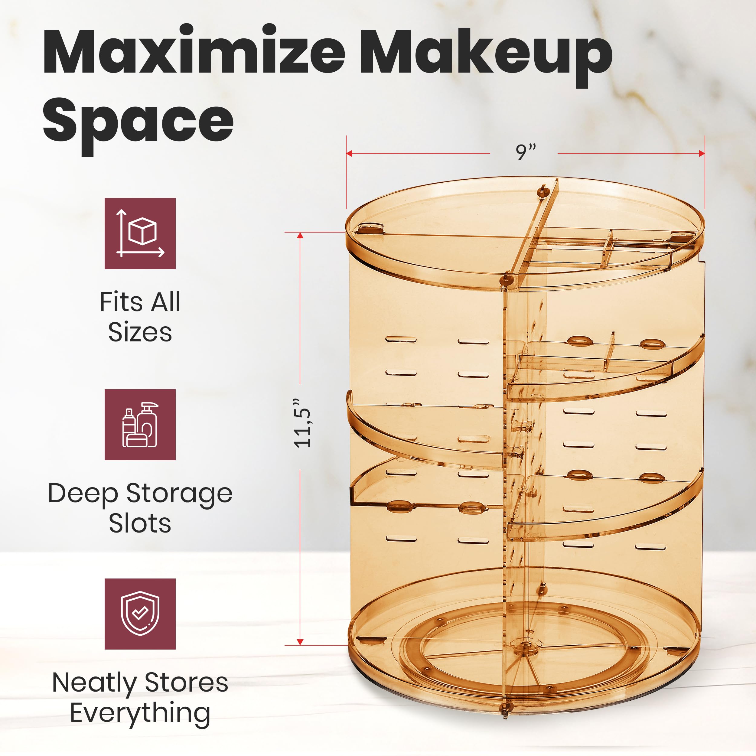Masirs estante ajustable para maquillaje, adaptándose a distintos tamaños.