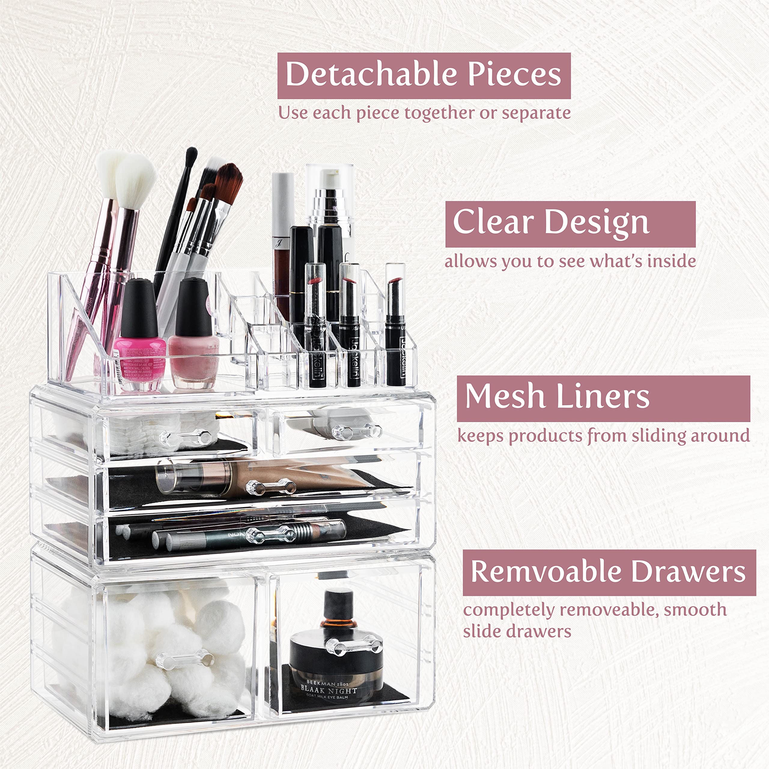 Masirs organizador cosméticos, múltiples compartimentos para brochas y joyas ordenadas.