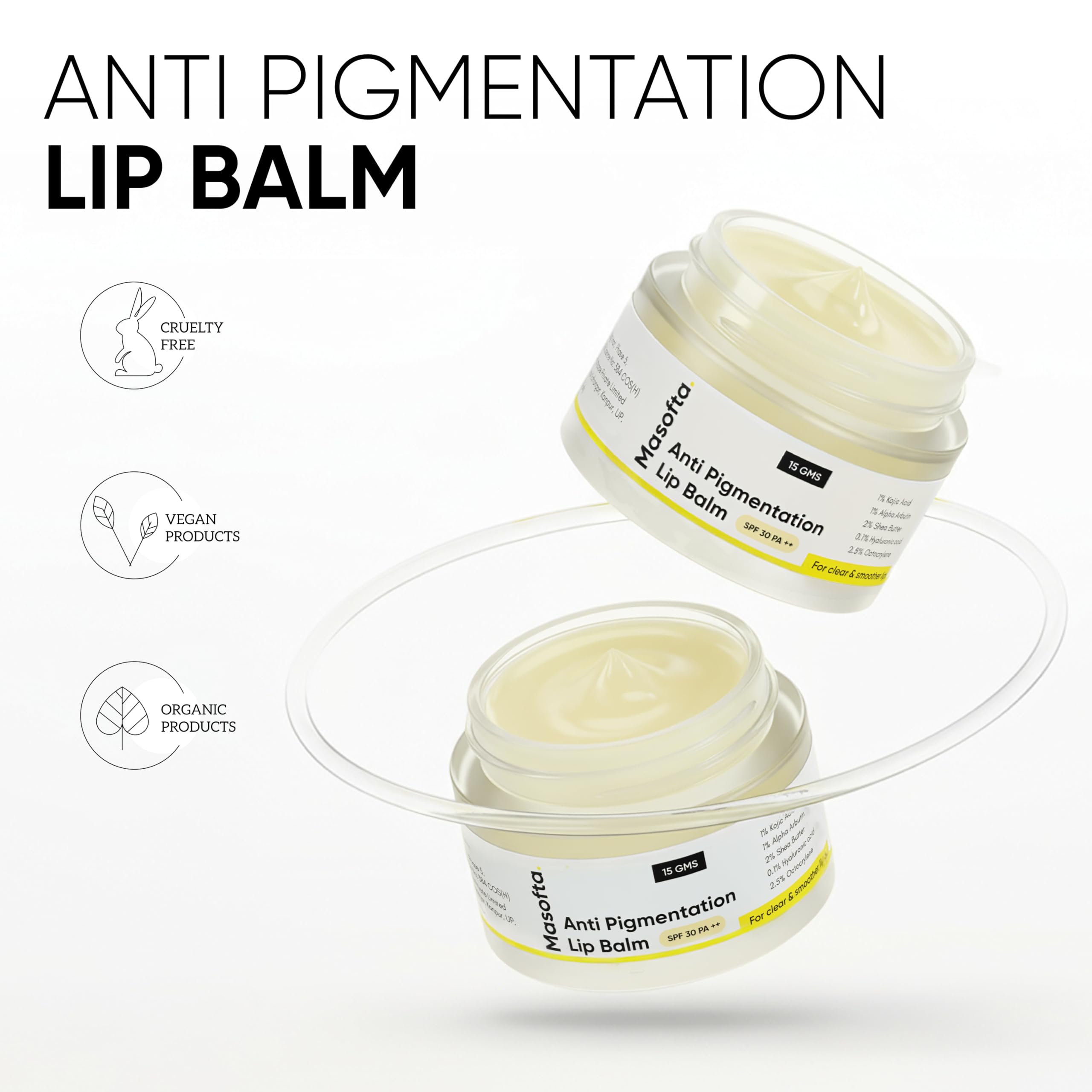 Masofta Balsamo Labios, Kojico y Arbutina Alfa para tono más uniforme.