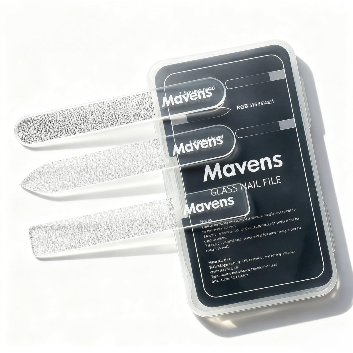 Lima de vidrio Mavens con estuche, ideal para viaje y almacenamiento seguro.