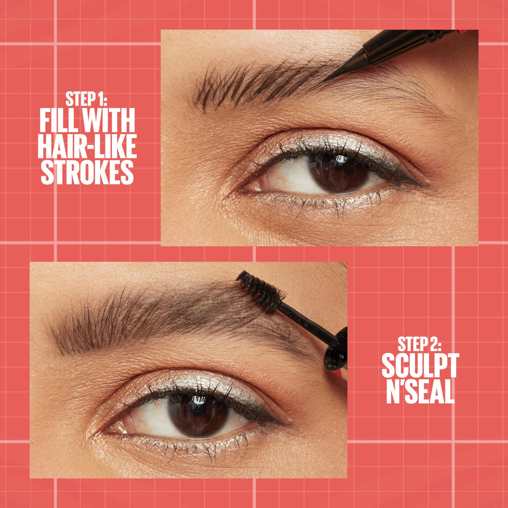 Maybelline Build-A-Brow sealing gel locking brows with a non-crunchy finish.