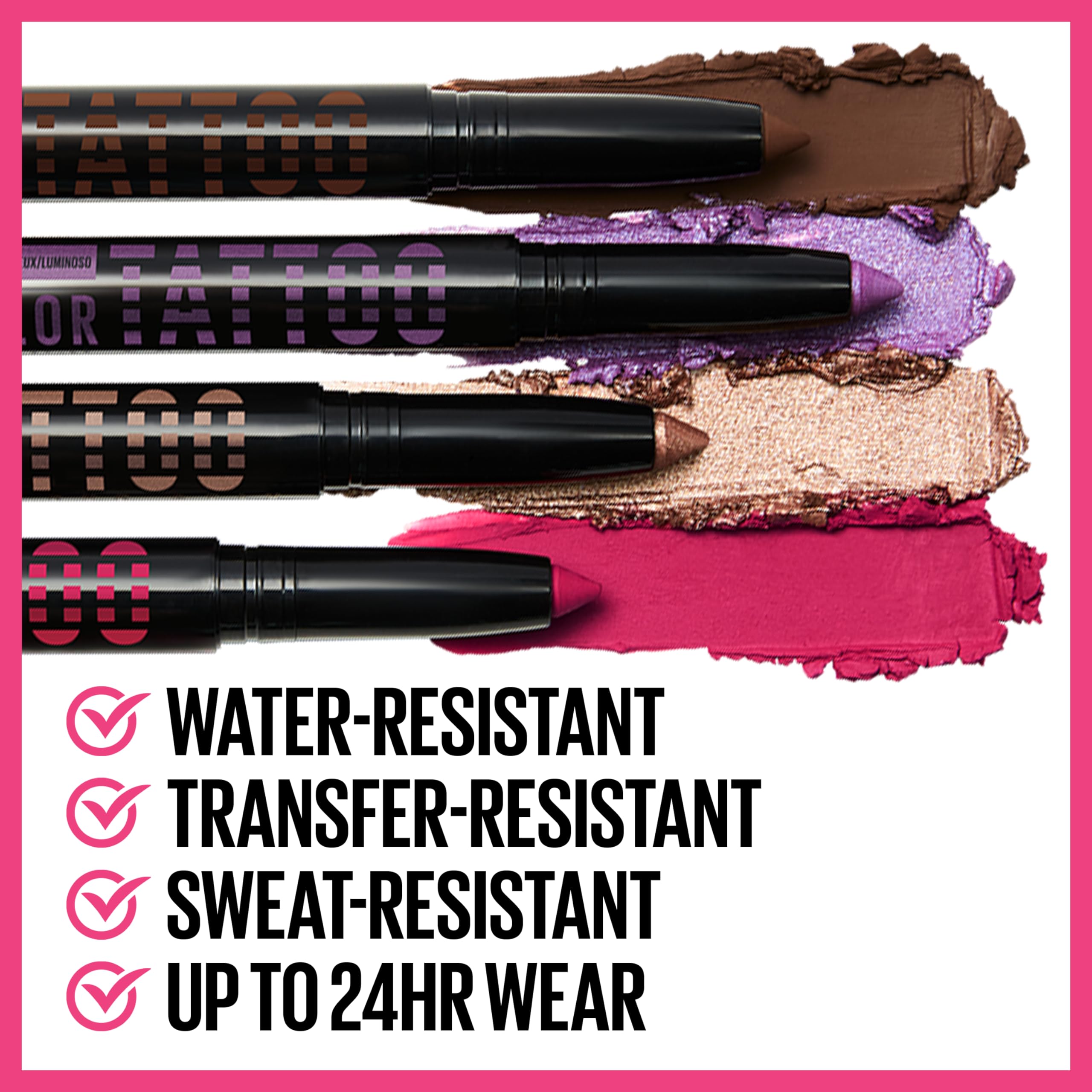 Color Tattoo Stix proporciona color que resiste hasta 24 horas y evita pliegues.