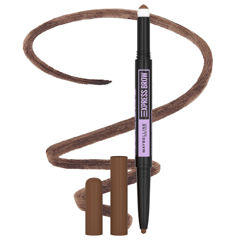 Maybelline Express Brow ofrece definición con lápiz y relleno suave para cejas más llenas.