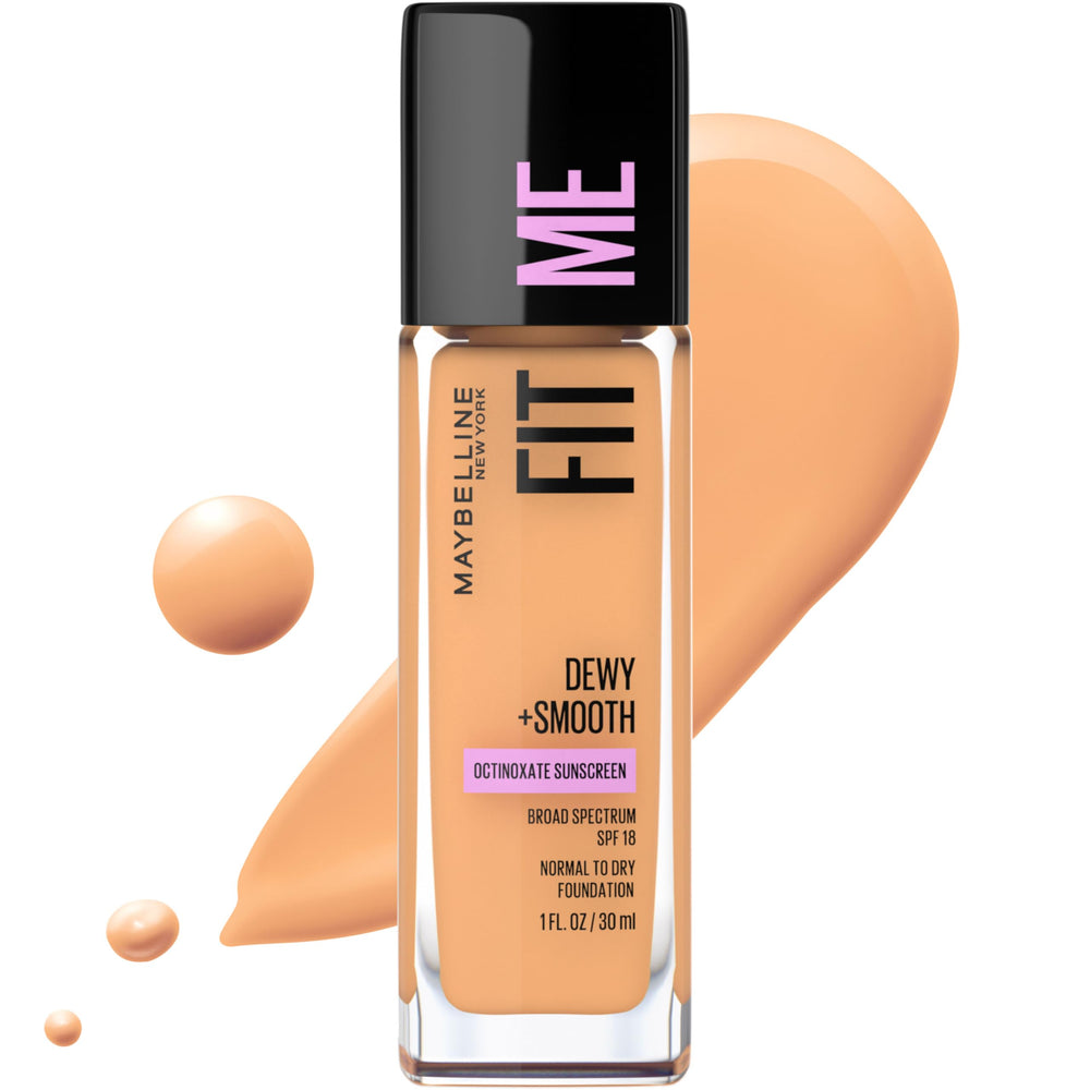 Base Maybelline Fit Me Dewy + Smooth botella, hidratación y acabado luminoso natural.