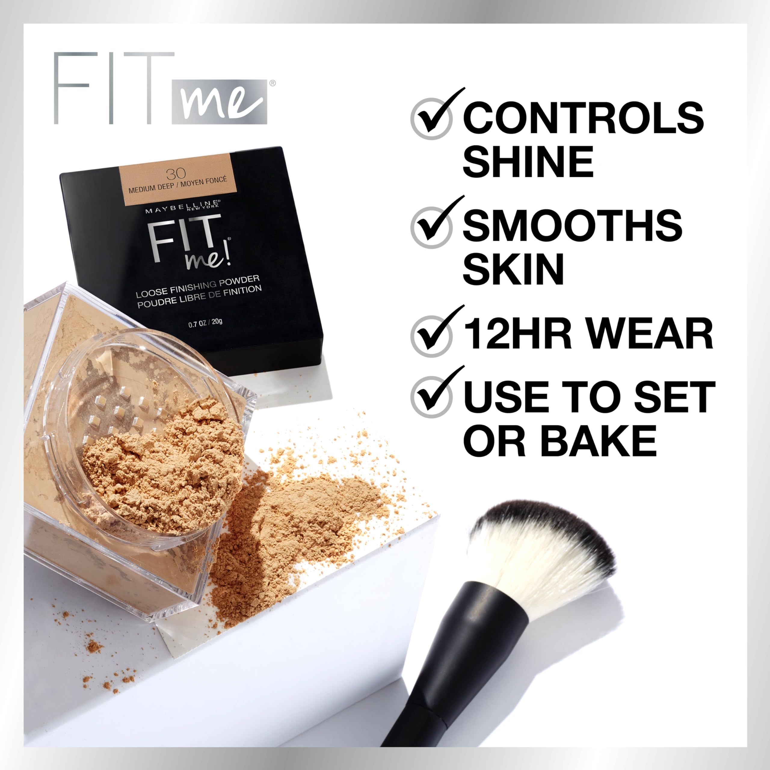 MAYBELLINE Fit Me polvos sueltos aplicación con cepillo, cobertura suave